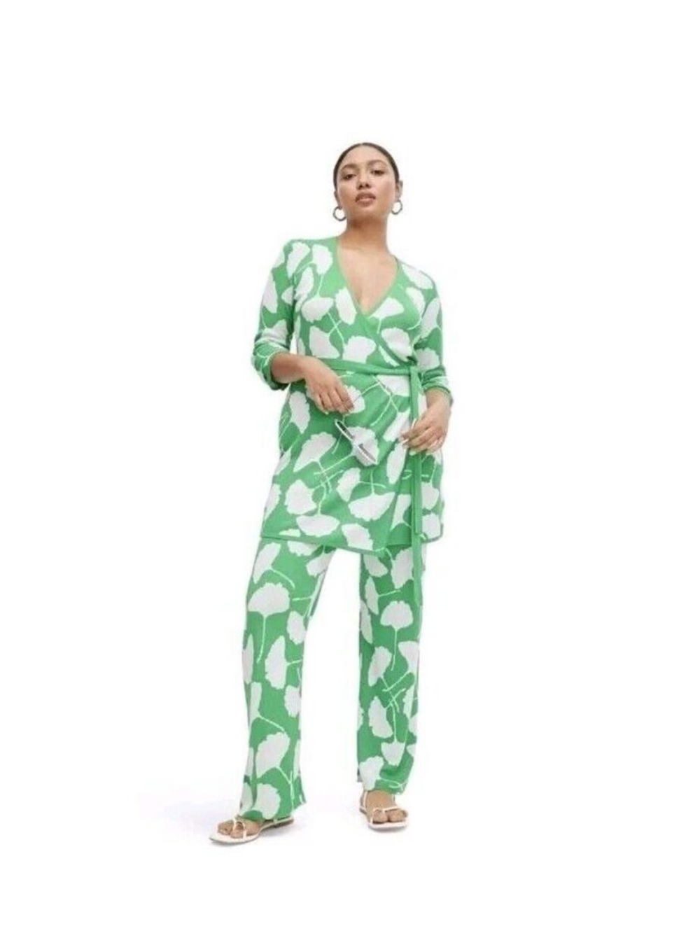 Diane Von Furstenberg Green and White Floral Sweater